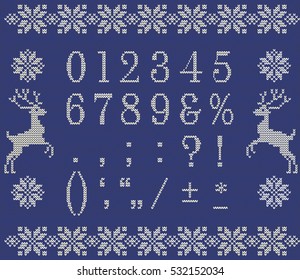 Vector knitting numbers and signs of punctuation. Winter scandinavian font. Alphabet for norway sweater. Christmas knitting font. Handicraft background.