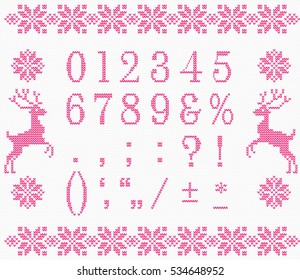 Vector knitting numbers and signs of punctuation. Winter scandinavian font. Alphabet for norway sweater. Christmas knitting font. Handicraft background.