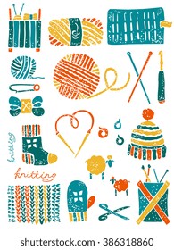 Vector knitting set in lino cut style