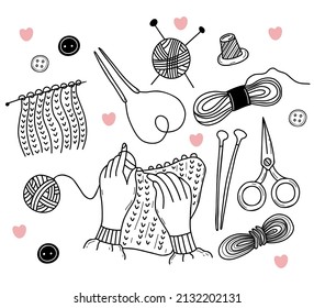 conjunto de punto vectorial. Tejido de hilados de lana, tejido de mano, tijeras, agujas de punto, espesor. Elementos de doodle dibujados a mano aislados. Para el diseño del tema de la artesanía y el hobby