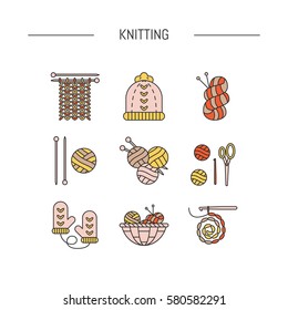 Vector Knitting  symbols icon set in trendy linear style. Web design, graphic elements for web stores, workshop