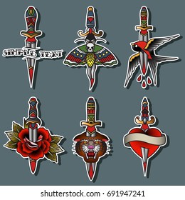 Vector Knives and Daggers with Butterfly, Swallow, Heart, Rose, Tiger