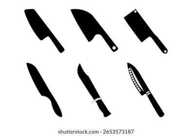 Vector knives set isolated on white. Kitchen knife silhouette. Black knives set