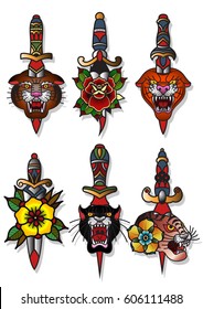 Vector Knives, Tigers, Flowers Set Traditional Tattoo Designs