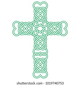 Vector knot illustration for Irish community: Celtic knot cross with heart shapes. Gaelic or Celtic medieval style knotwork of Holy Cross isolated.