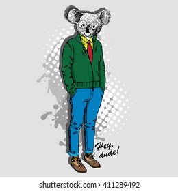 Vector koala bear in jacket, shirt, tie and jeans.