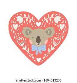 Vector koala with bow and heart. Excellent for the design of postcards, posters, stickers and so on.