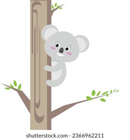 Vector koala. Cute baby character. Koala is climbing a tree. Flat illustration. Suitable for animation, using in web, apps, books, education projects. No transparency, solid colors only. 