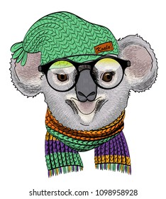 Vector koala with glasses, green knitted hat and knitted scarf. Hand drawn illustration of dressed animal.