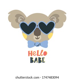 Vector koala with glasses and the inscription Hello babe. Excellent for the design of postcards, posters, stickers and so on.