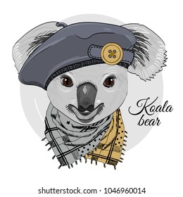 Vector koala with grey beret and scarf. Hand drawn illustration of dressed koala bear.