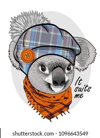 Vector koala with hat and orange scarf. Hand drawn illustration of dressed animal.