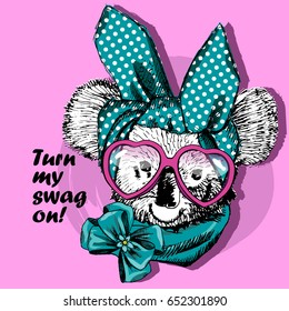 Vector koala with pink glasses. Hand drawn illustration of dressed koala