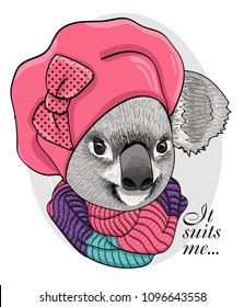 Vector koala with pink hat and knitted scarf. Hand drawn illustration of dressed animal.