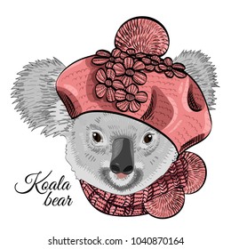 Vector koala with pink knitted hat and scarf. Hand drawn illustration of dressed koala bear.