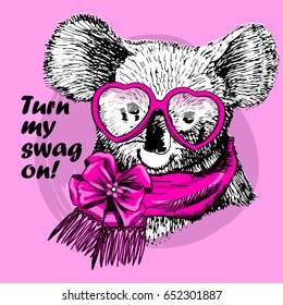 Vector koala with pink scarf and glasses. Hand drawn illustration of dressed koala