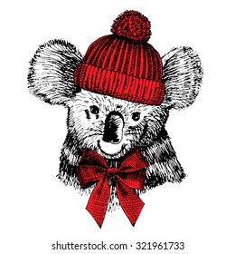 Vector koala in red hat and bow. Black, white, red.