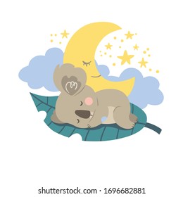 Vector koala sleeps on a leaf with clouds and moon. Excellent for the design of postcards, posters, stickers and so on.
