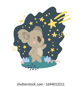 Vector koala, starry sky and shooting star. Dream big. Excellent for the design of postcards, posters, stickers and so on.