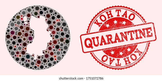 Vector Koh Tao map collage of SARS virus and red grunge quarantine seal stamp. Infection cells attack the isolated territory from external zone.