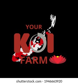 Vector koi fish with chinese lotus flower as koi farm logo. The combination of koi fish and lotus. Red lotus and koi fish as the logo. Chinese lotus flowers and fish from Japan.