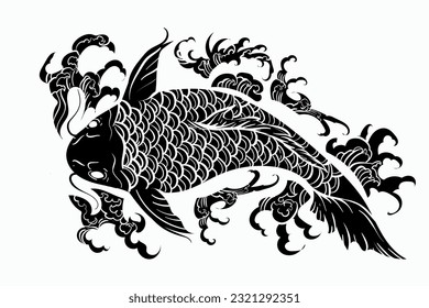 Vector Koi fish hand draw japan style with water wave black isolate  