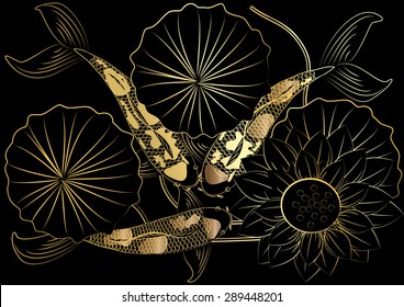Vector koi fish and lotus flower,colorful koi carp swimming in a pool with aquatic plants and water ripples on  background