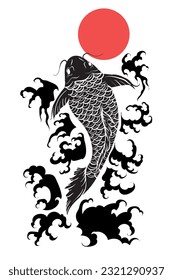 Vector Koi hand draw japan style ,Vector koi with water wave and son tattoo