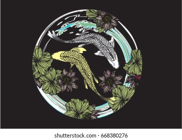 Vector koi with lotus flower blossoms for the tattoo, text and background.