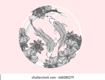 Vector koi with lotus flower blossoms for the tattoo, text and background.