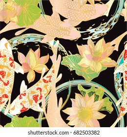 Vector koi and lotus golden lines seamless background