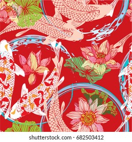 Vector koi and lotus on a seamless red background