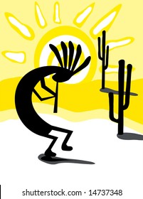 The vector "Kokopelli in the Desert" illustration  is hand drawn original artwork.
