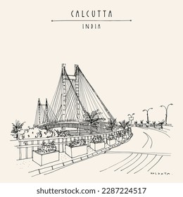 Vector Kolkata (Calcuta), postal de la India. Paisaje artístico del puente Vidyasagar Setu. Esbozo de viajes de Bengala Occidental. Afiche turístico de Calcuta dibujado a mano