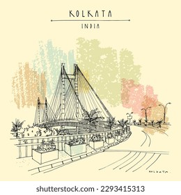 Vector Kolkata (Calcutta), India postcard. Vidyasagar Setu bridge artistic cityscape. West Bengal travel sketch. Hand drawn Calcutta touristic poster