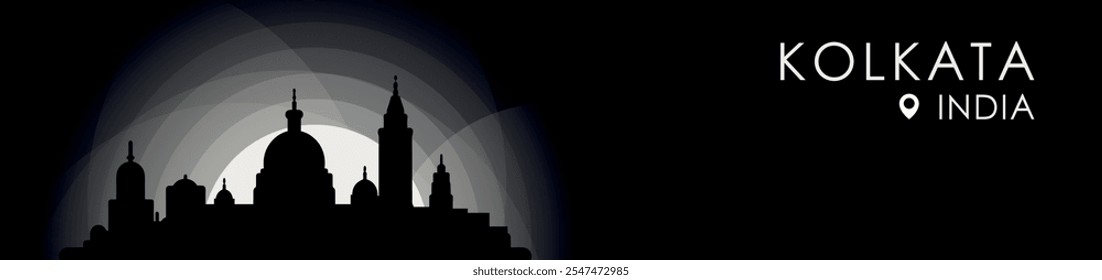 Vetor Kolkata, bandeira da paisagem urbana da Índia. Imagem de perfil de cartaz em preto-e-branco para cabeçalho, rodapé