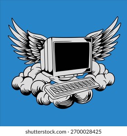 vector komputer bersayap dengan cloud