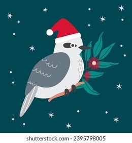 Vector Kookaburra Kingfisher Christmas Xmas Cute Cartoon Bird Tropical Australian Animals with Santa Hat and Gum Flowers