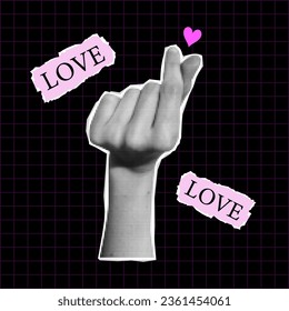 Vector korean heart hand. Illustration of college halftone hand with heart. Trendy retro halftone effect. 