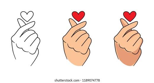 Vector Korean heart, love gesture set, outline, flat and cartoon Korean love symbols. K pop illustration isolated on white background.