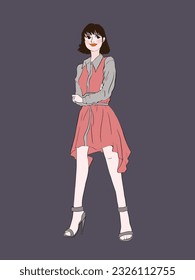 Vector korean se ve como una chica joven de cuerpo entero posando con vestido rosa y gris semi formal con tacones altos