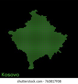 Vector Kosovo map dotted silhouette with green dots on a black background (as on old ancient computers running DOS)