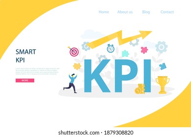 Vector KPI or key performance indicator with word concept. Idea of data review, following objective, optimization, strategy, measurement and evaluation. Flat illustration for banner, Landing page