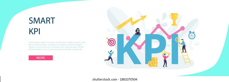 Vector KPI or key performance indicator with word concept. Idea of data review, following objective, optimization, strategy, measurement and evaluation. Flat illustration for banner, Landing page