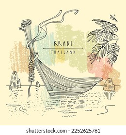 Vector Krabi, Thailand postcard. Beautiful long-tail boats in Krabi province in Andaman sea. Coastal summer paradise destination in Asia. Palm tree leaves. Travel sketch. Hand drawn vintage poster