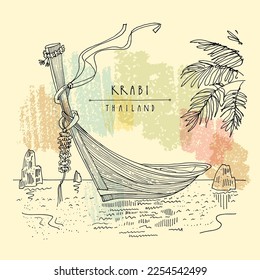 Vector Krabi, Thailand postcard. Beautiful long-tail boats in Krabi province in Andaman sea. Coastal summer paradise destination in Asia. Palm tree leaves. Travel sketch. Hand drawn vintage poster