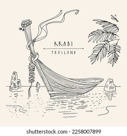 Vector Krabi, Thailand postcard. Beautiful long-tail boats in Krabi province in Andaman sea. Coastal summer paradise destination in Asia. Palm tree leaves. Travel sketch. Hand drawn vintage poster