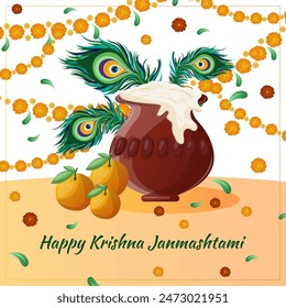 Vector Krishna Janmashtami Greeting Card Design. Traditional indian festival. Cultural festival of Krishna.