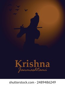 Vector krishna janmashtami greeting card design with holding flute illustration.