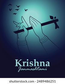 Vector krishna janmashtami greeting card design with holding flute illustration.
